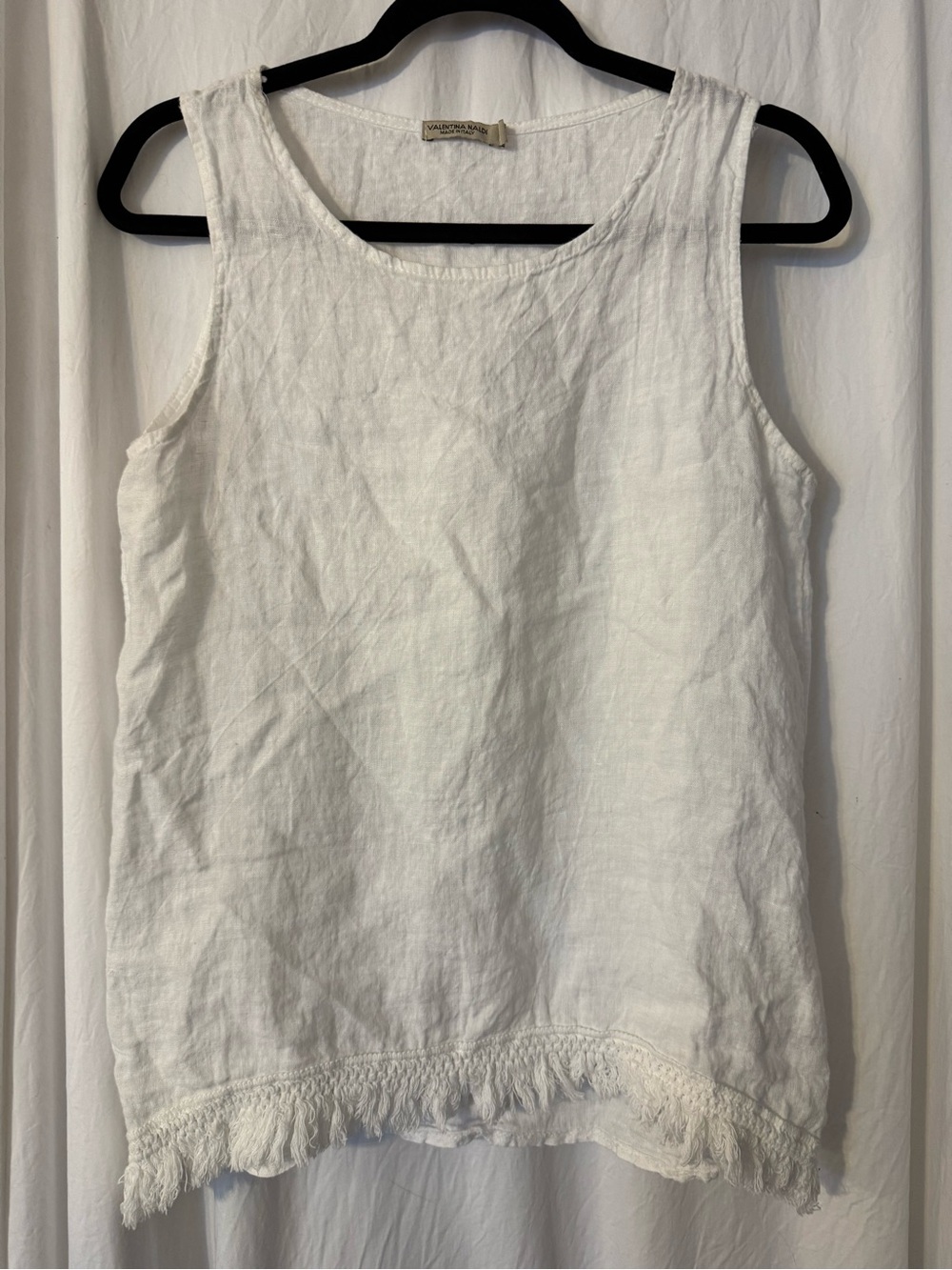 Valentina Naldi White Linen Sleeveless Tank with Fringe Hem Italian. Size Medium
